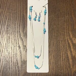 Turquoise Bead Pendant Necklace and Earrings Set - Women Jewelry